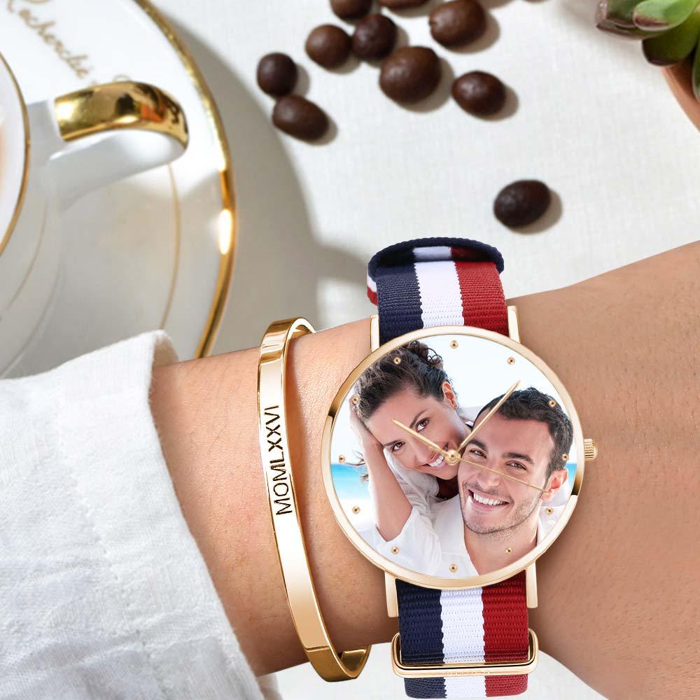 Unisex Engraved Rose Goldtone Photo Watch Color Nylon Strap 40mm