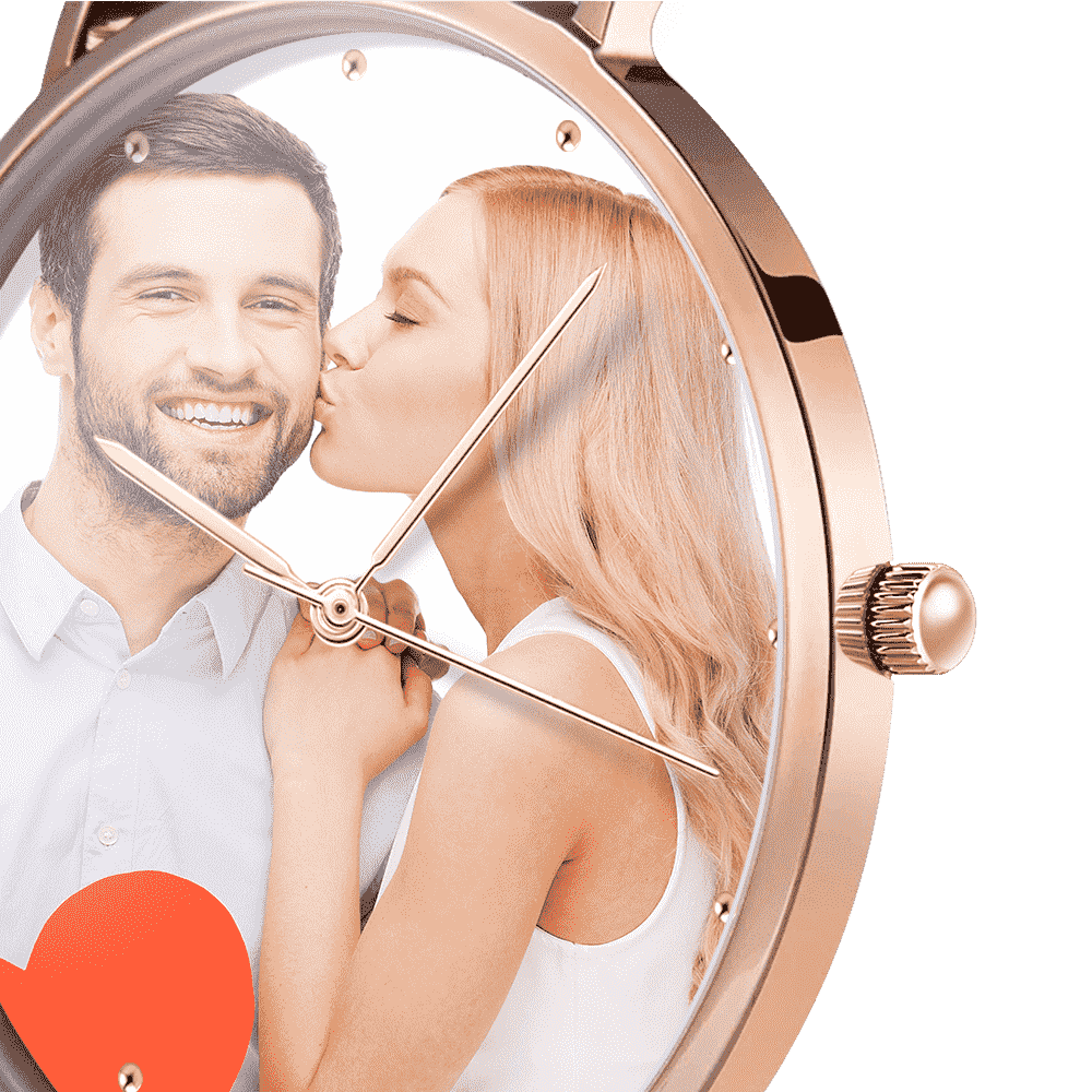 Women's Engraved Rose Goldtone Photo Watch Red Leather Strap 40mm