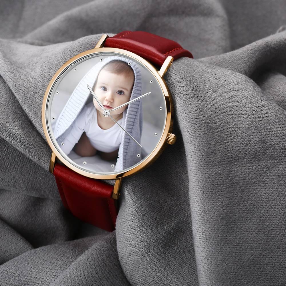 Women's Engraved Rose Goldtone Photo Watch Red Leather Strap 40mm