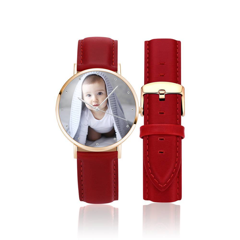 Women's Engraved Rose Goldtone Photo Watch Red Leather Strap 36mm