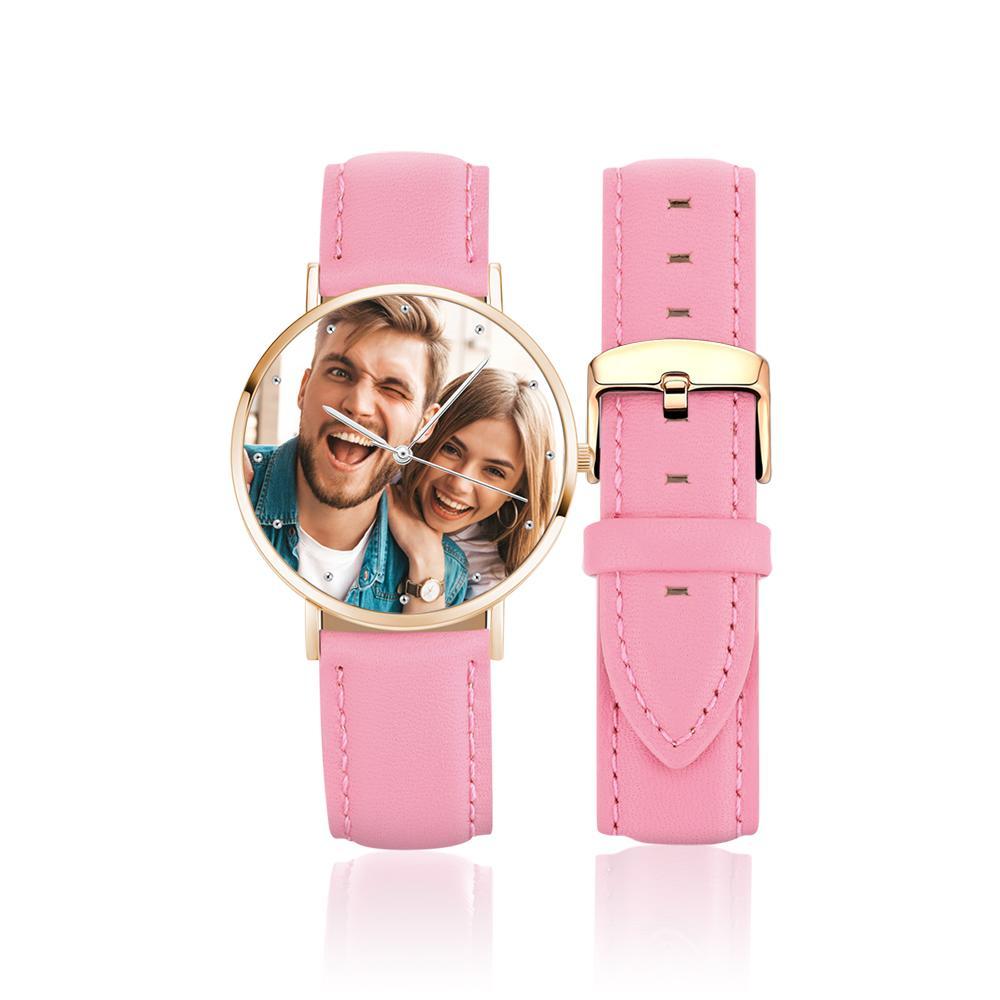 Women's Engraved Rose Goldtone Photo Watch Pink Leather Strap 36mm