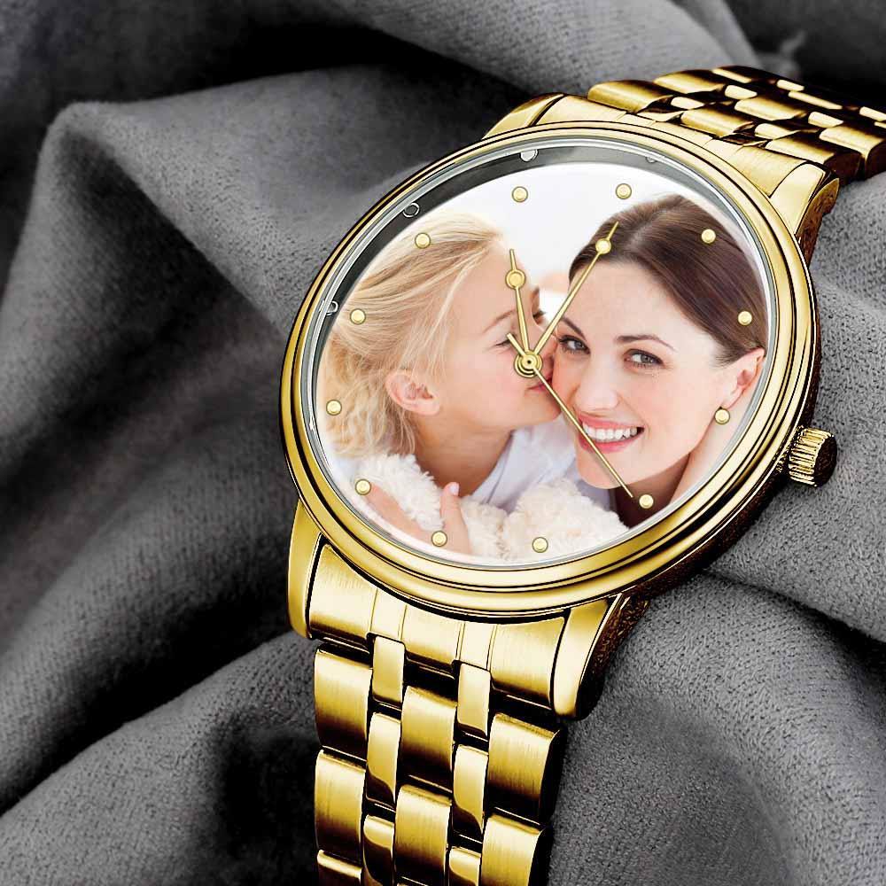 Unisex Engraved Gold Alloy Bracelet Photo Watch 40mm