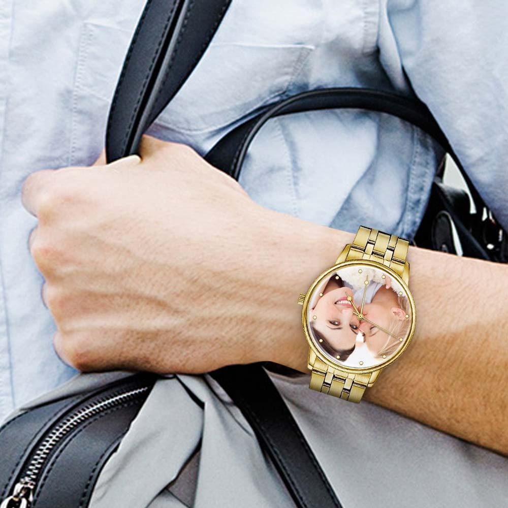 Unisex Engraved Gold Alloy Bracelet Photo Watch 40mm