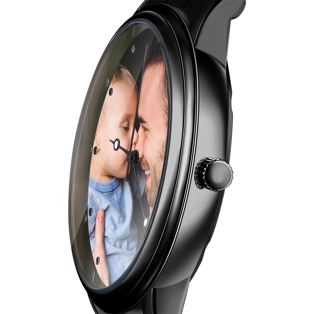Engraved Men's Black Alloy Bracelet Photo Watch 38mm