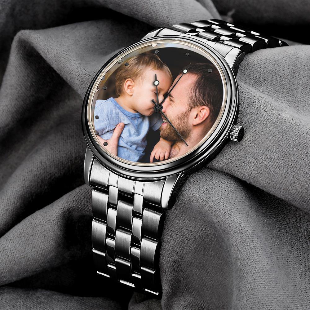 Engraved Men's Black Alloy Bracelet Photo Watch 38mm