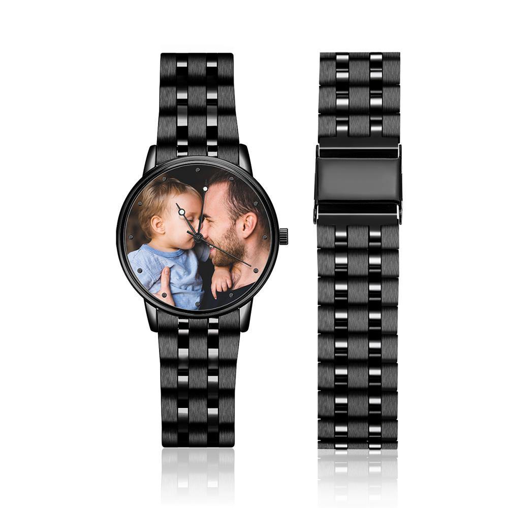 Engraved Men's Black Alloy Bracelet Photo Watch 38mm