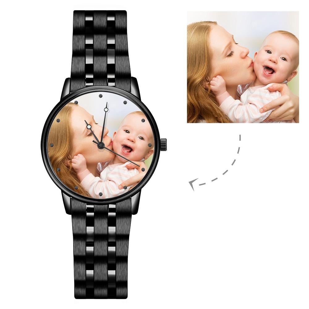Mens Engraved Photo Watch Black Alloy Strap