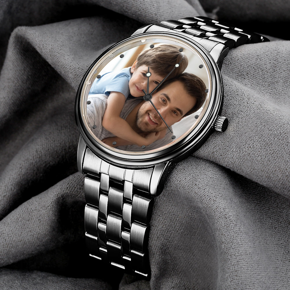 Custom Photo Watch Men's Black Alloy Bracelet Holding Hands Engraved Name Watch Father's Day Gift For Dad