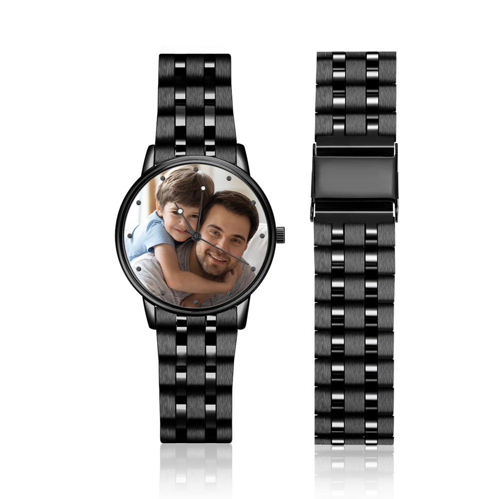 Custom Photo Watch Men's Black Alloy Bracelet Holding Hands Engraved Name Watch Father's Day Gift For Dad