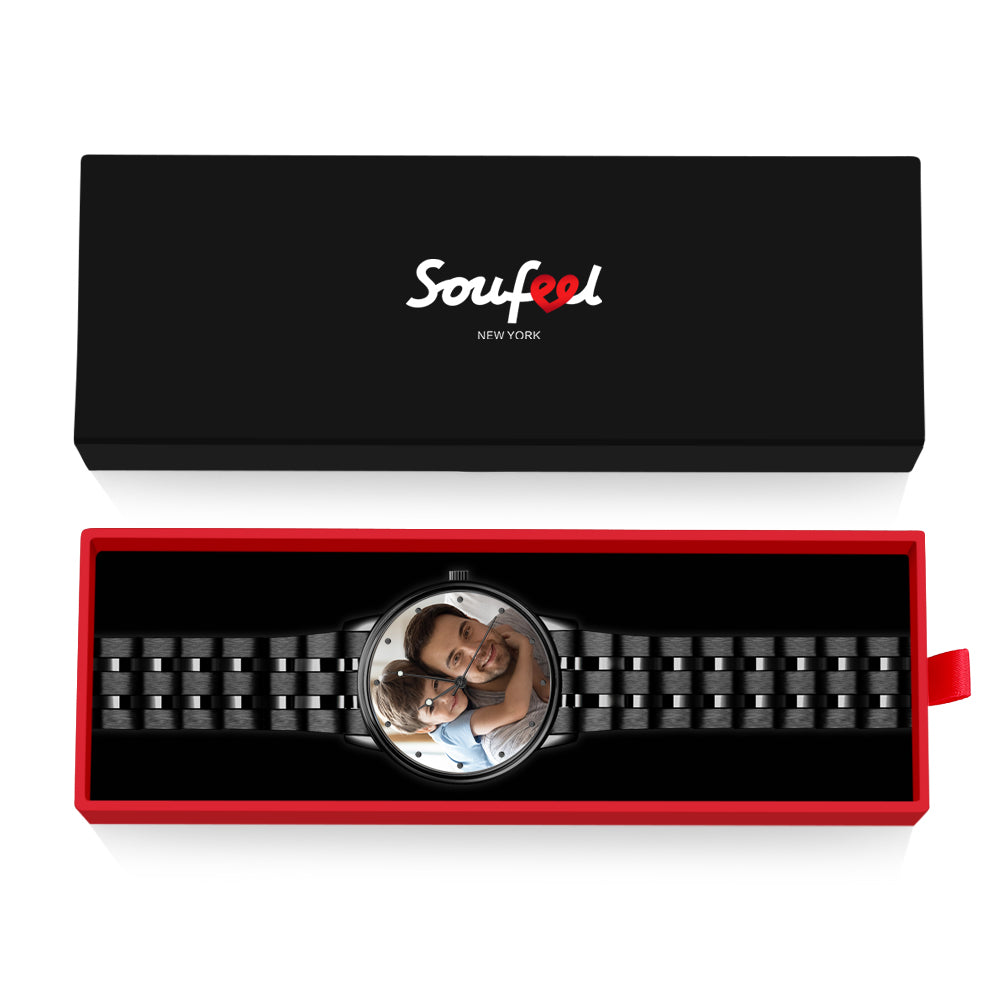 Custom Photo Watch Men's Black Alloy Bracelet Holding Hands Engraved Name Watch Father's Day Gift For Dad