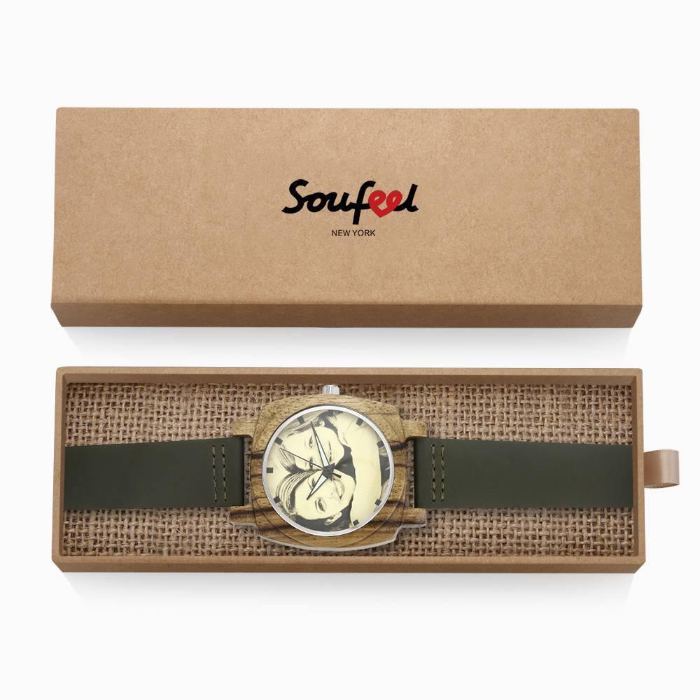 Men's Engraved Bamboo Photo Watch Dark Green Leather Strap 45mm