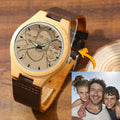 Women's Engraved Bamboo Photo Watch Dark Green Leather Strap 40mm