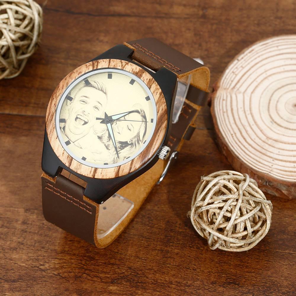 Men's Engraved Wooden Photo Watch Brown Leather Strap 45mm