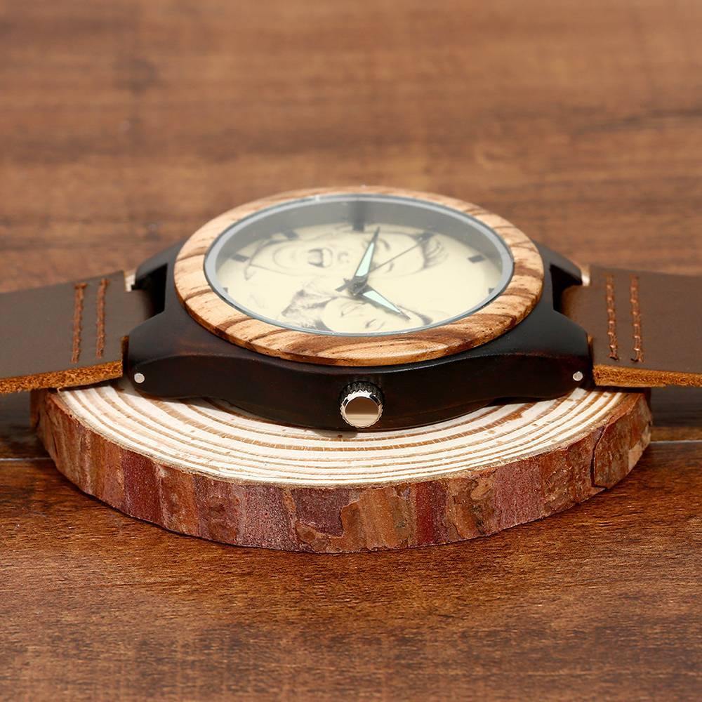 Men's Engraved Wooden Photo Watch Brown Leather Strap 45mm