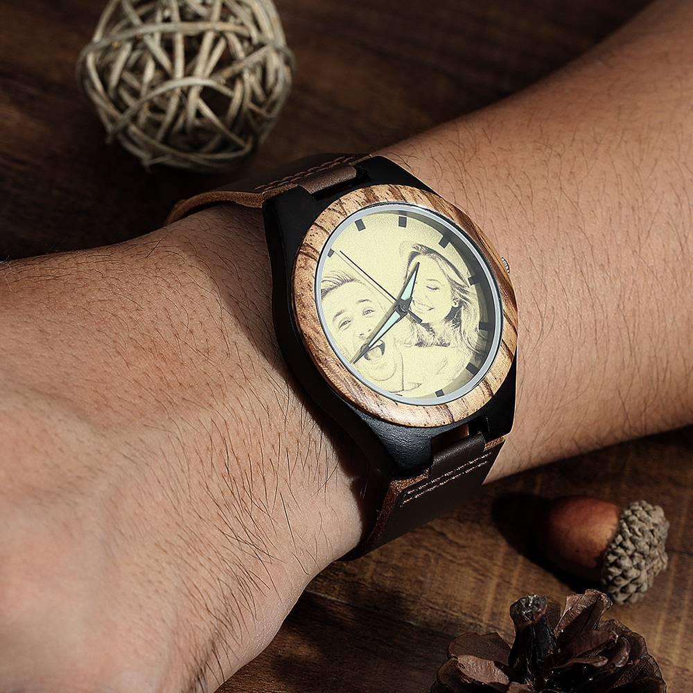 Men's Engraved Wooden Photo Watch Brown Leather Strap 45mm