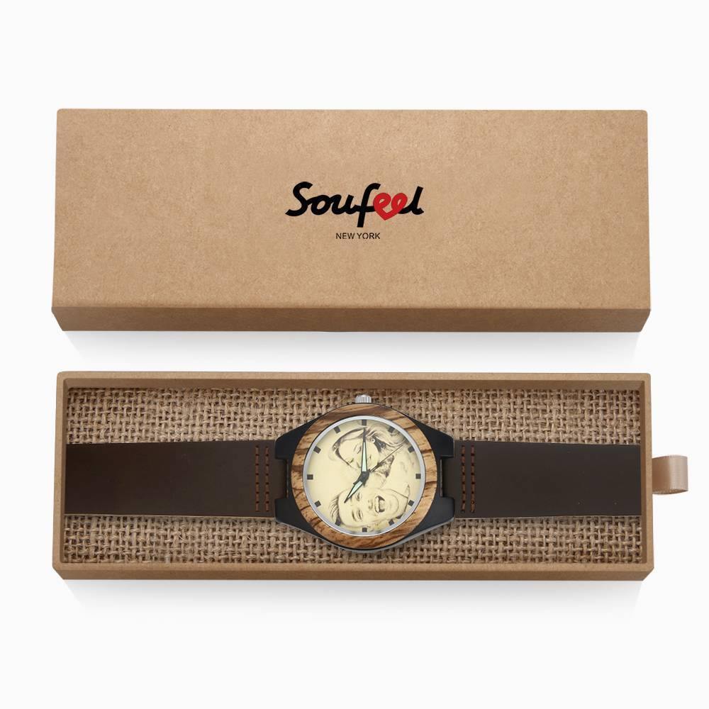 Men's Engraved Wooden Photo Watch Brown Leather Strap 45mm
