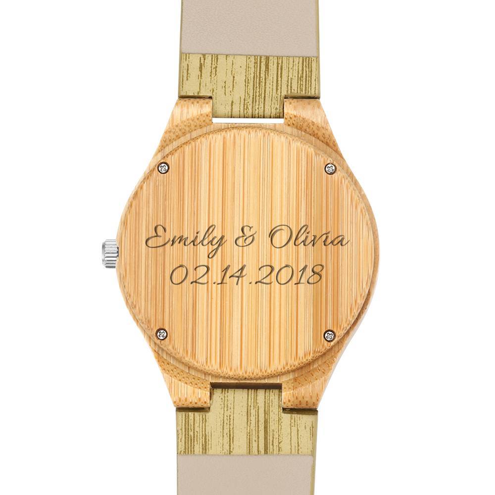 Women's Engraved Bamboo Photo Watch Wooden Leather Strap 40mm