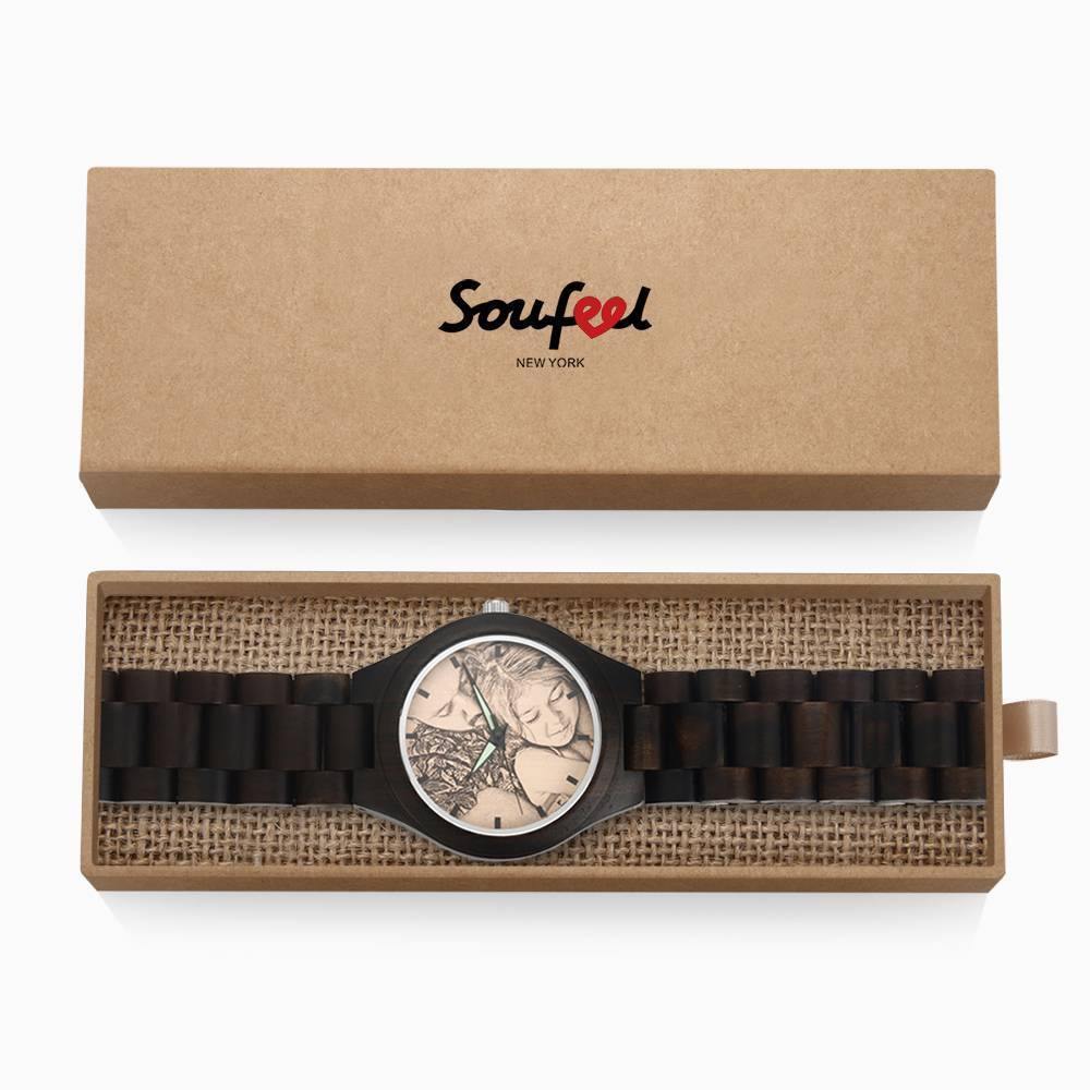 Men's Engraved Wooden Photo Watch Wooden Strap 45mm