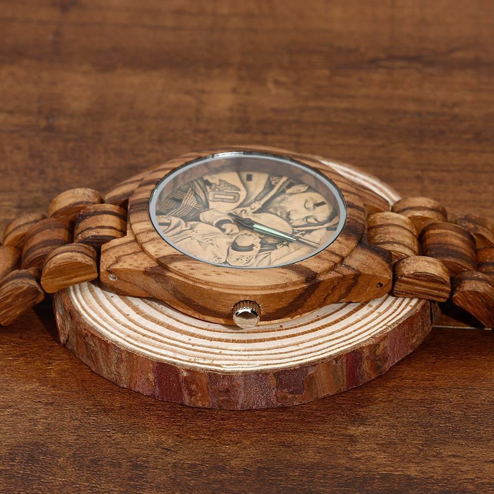 Men's Engraved Wooden Photo Watch Wooden Strap 45mm
