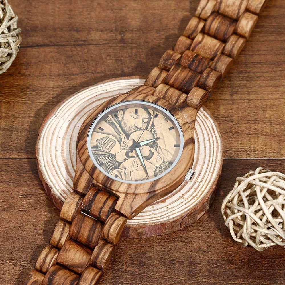 Men's Engraved Wooden Photo Watch Wooden Strap 45mm