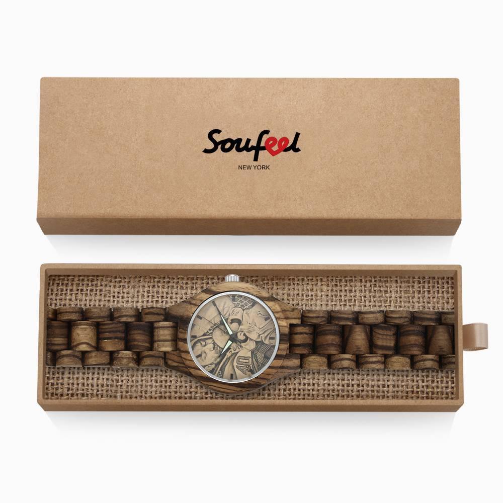 Men's Engraved Wooden Photo Watch Wooden Strap 45mm