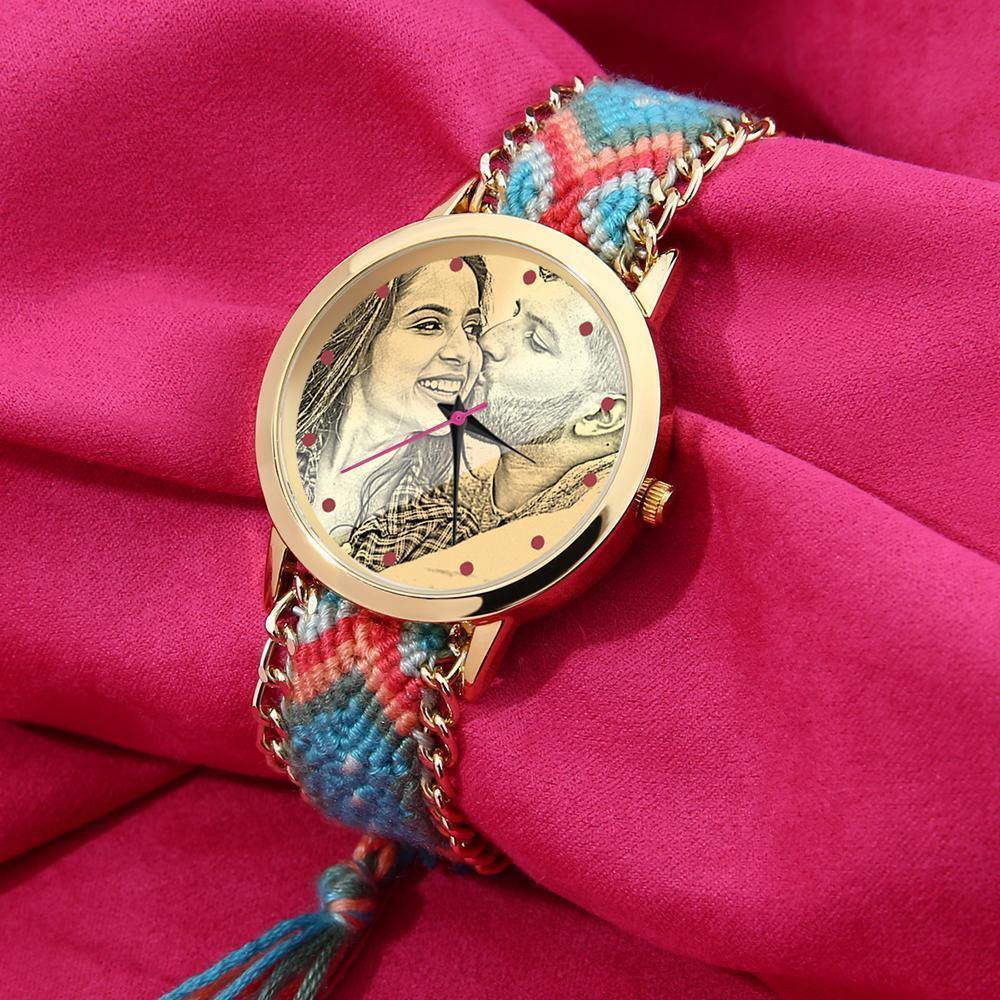 Women's Gold Photo Engraved Watch Braided Color Rope Strap 40mm