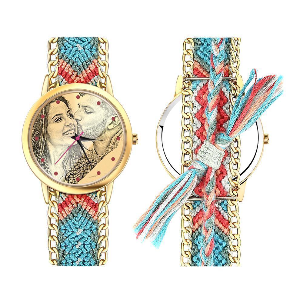 Women's Gold Photo Engraved Watch Braided Color Rope Strap 40mm