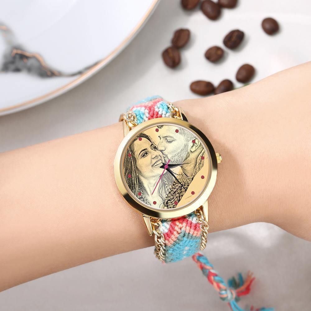 Women's Gold Photo Engraved Watch Braided Color Rope Strap 40mm