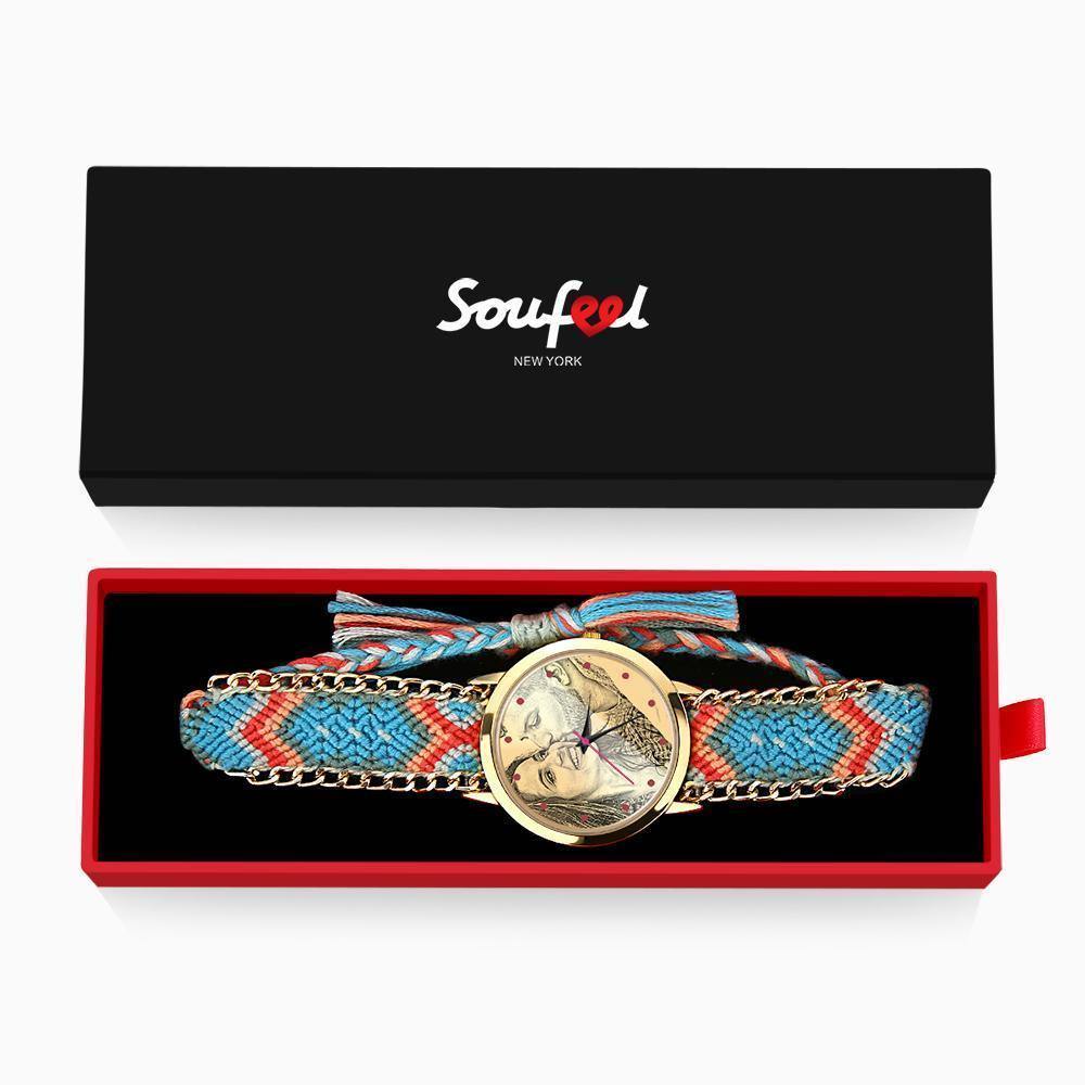 Women's Gold Photo Engraved Watch Braided Color Rope Strap 40mm