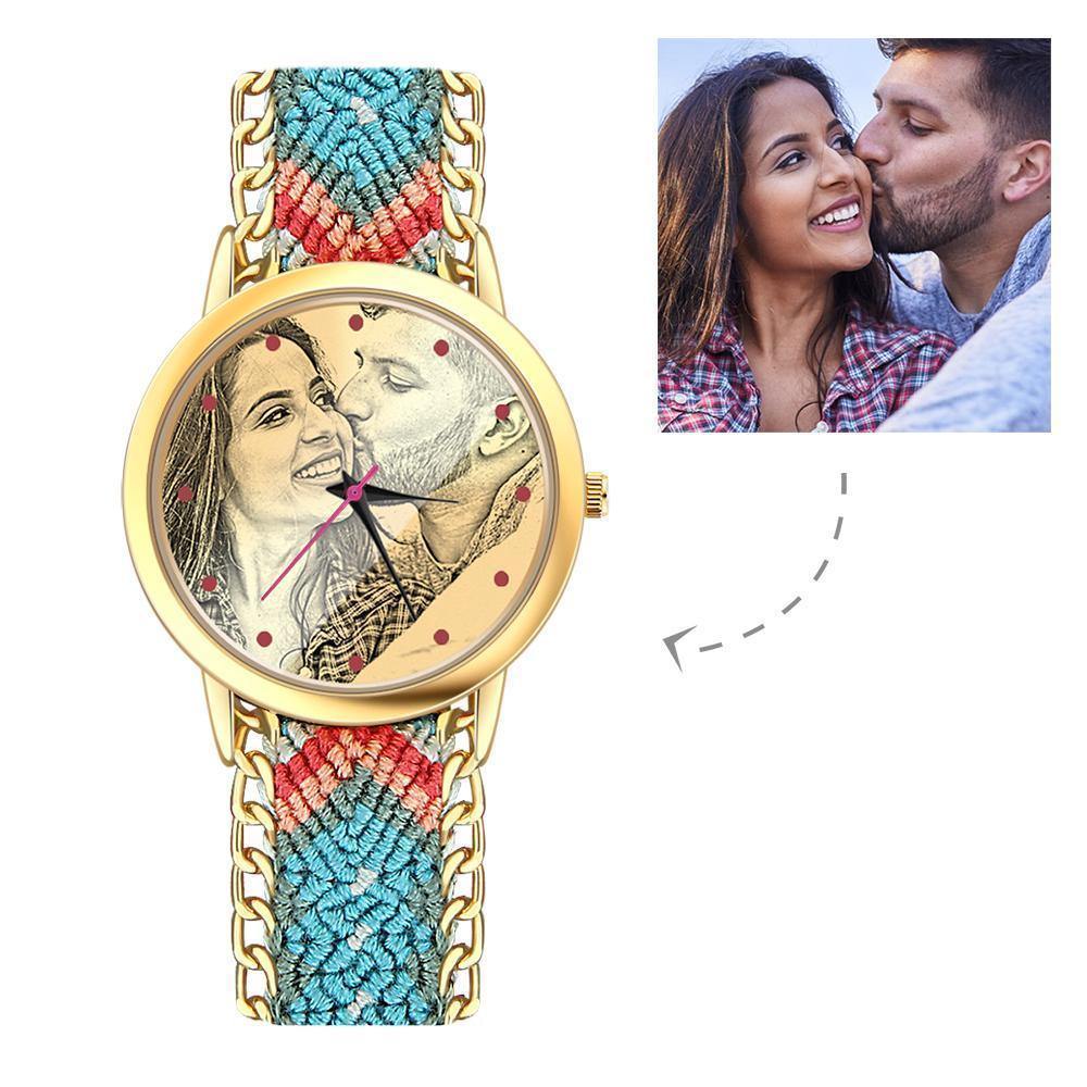Women's Gold Photo Engraved Watch Braided Color Rope Strap 40mm
