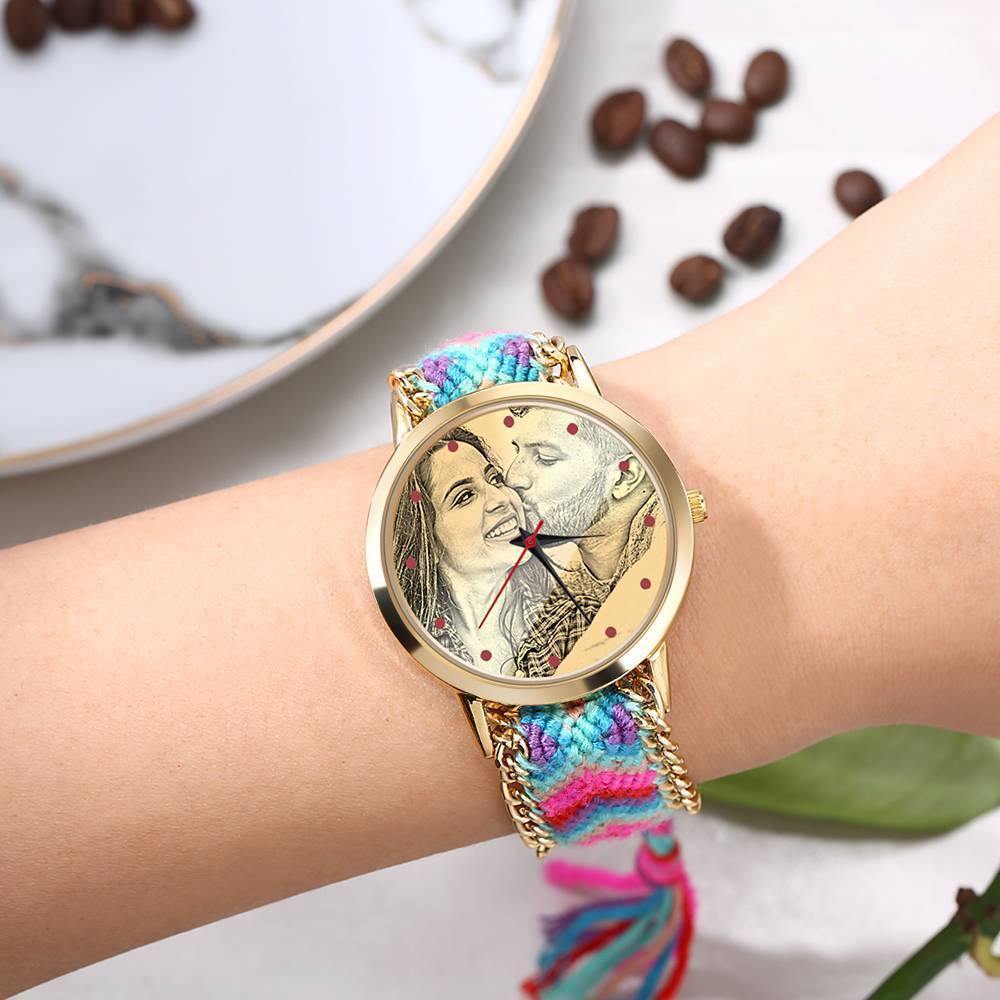 Women's Gold Photo Engraved Watch Braided Color Rope Strap 40mm