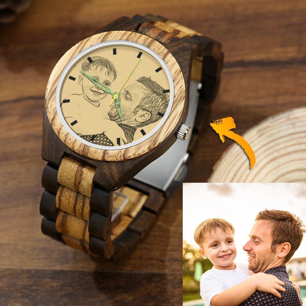 Men's Engraved Wooden Photo Watch Wooden Strap 45mm