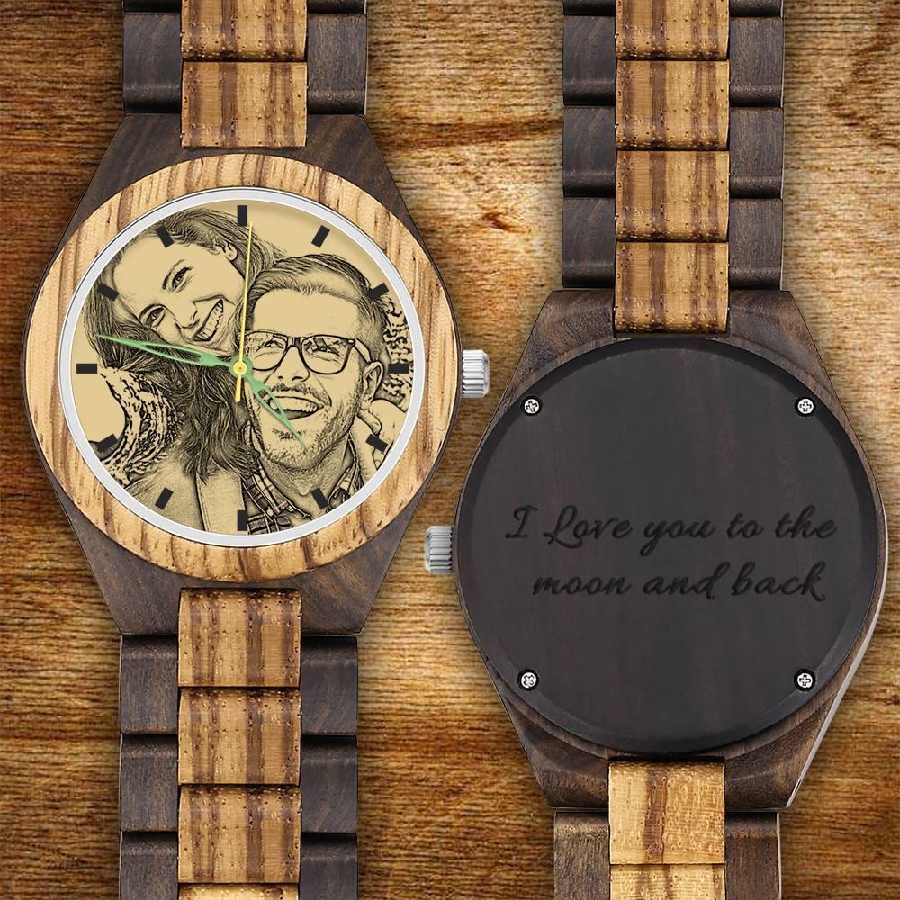 Men's Engraved Wooden Photo Watch Wooden Strap 45mm