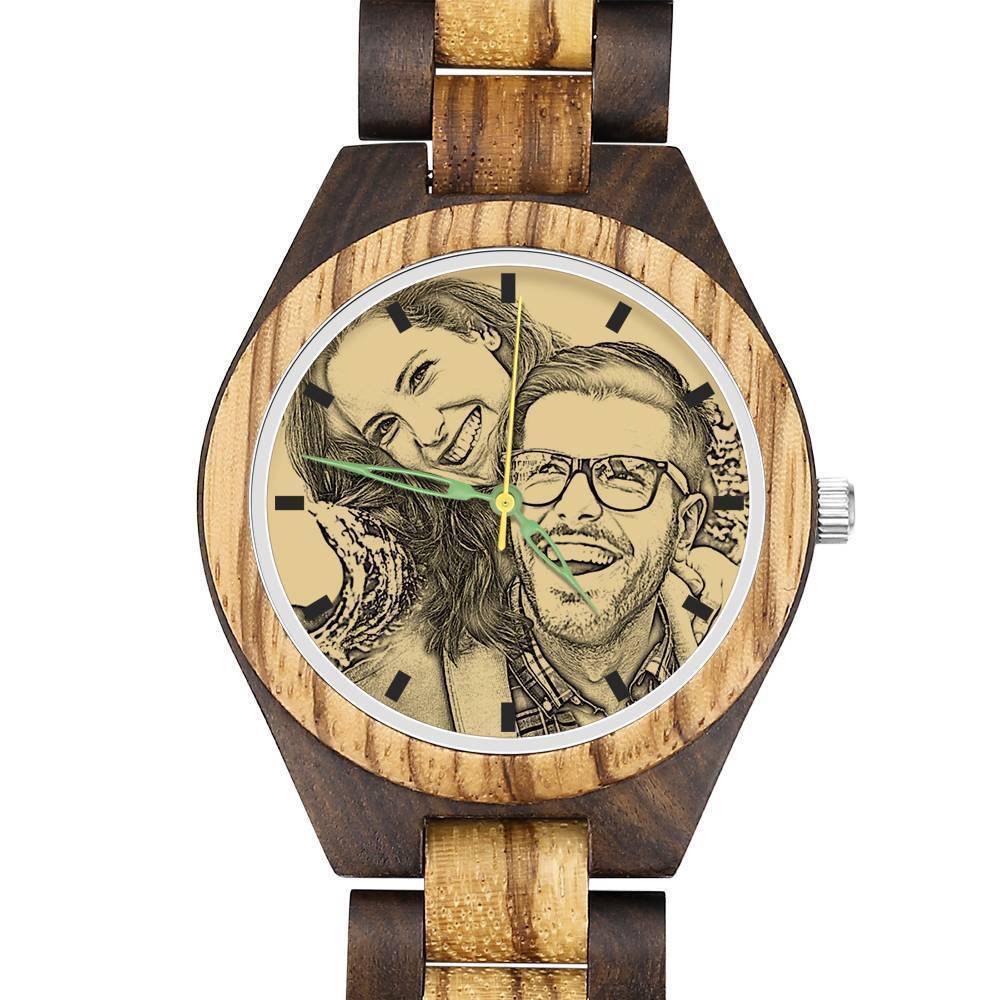 Men's Engraved Wooden Photo Watch Wooden Strap 45mm