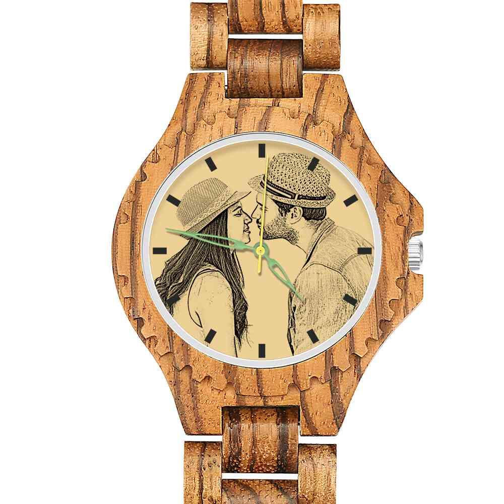 Men's Engraved Wooden Photo Watch Wooden Strap 45mm