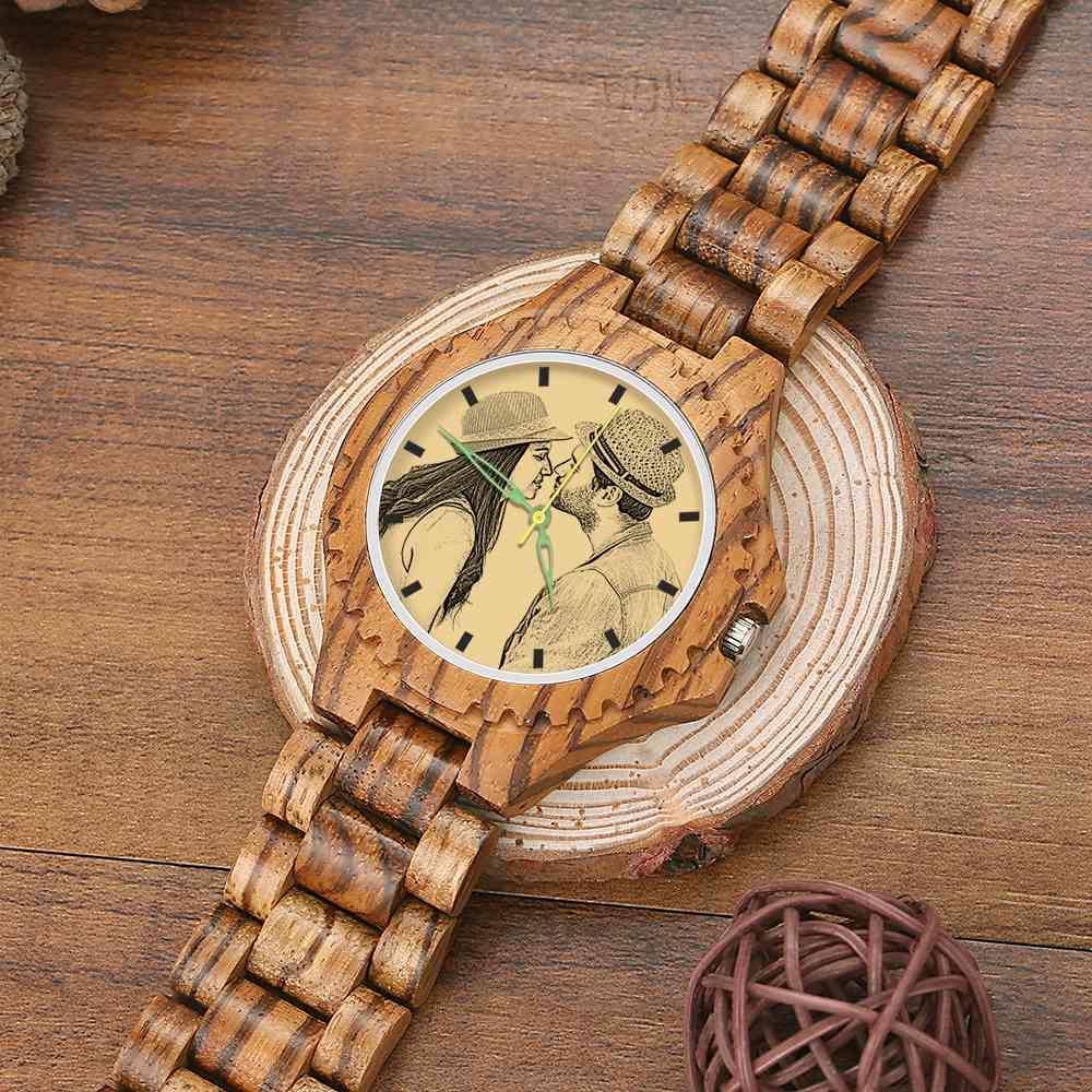 Men's Engraved Wooden Photo Watch Wooden Strap 45mm