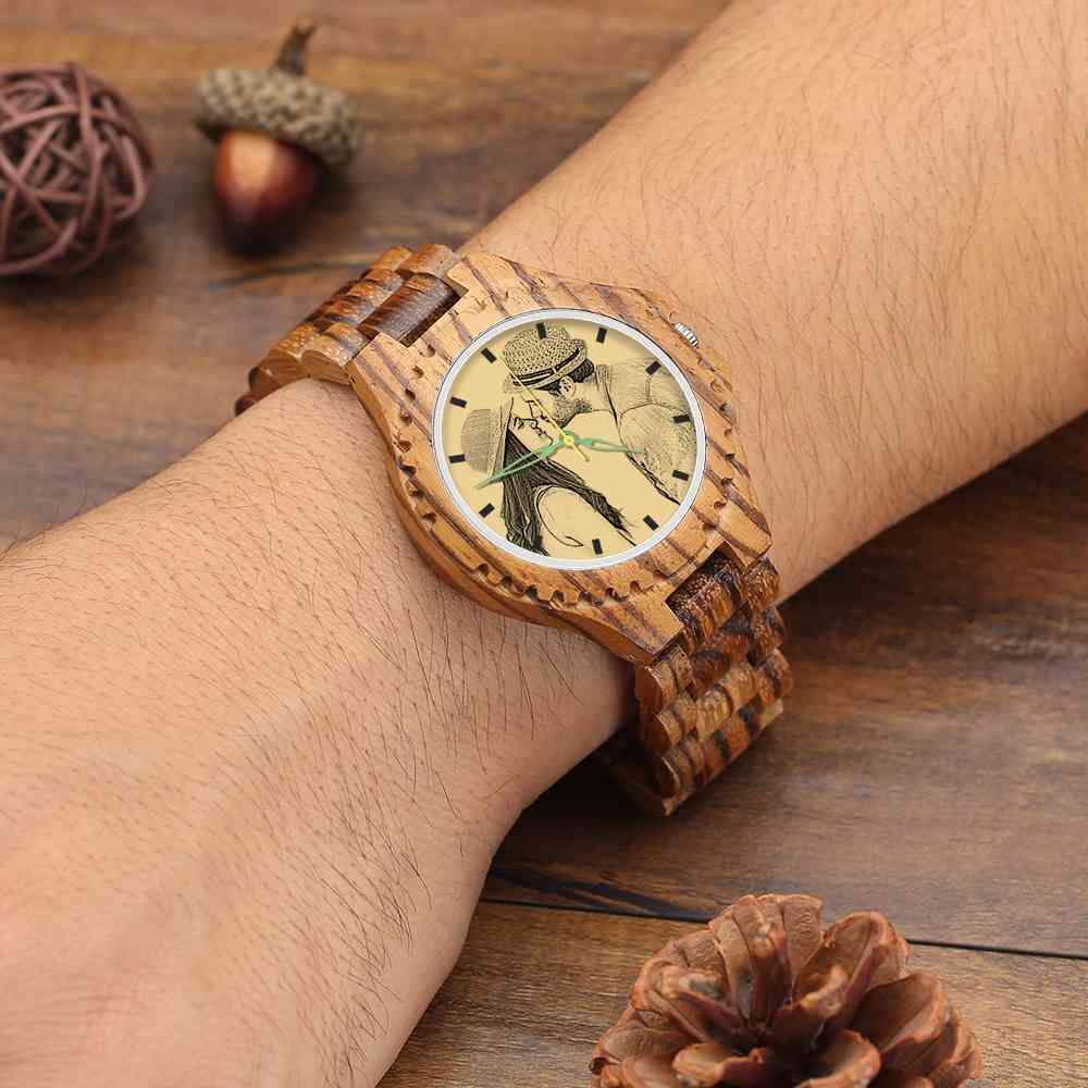 Men's Engraved Wooden Photo Watch Wooden Strap 45mm