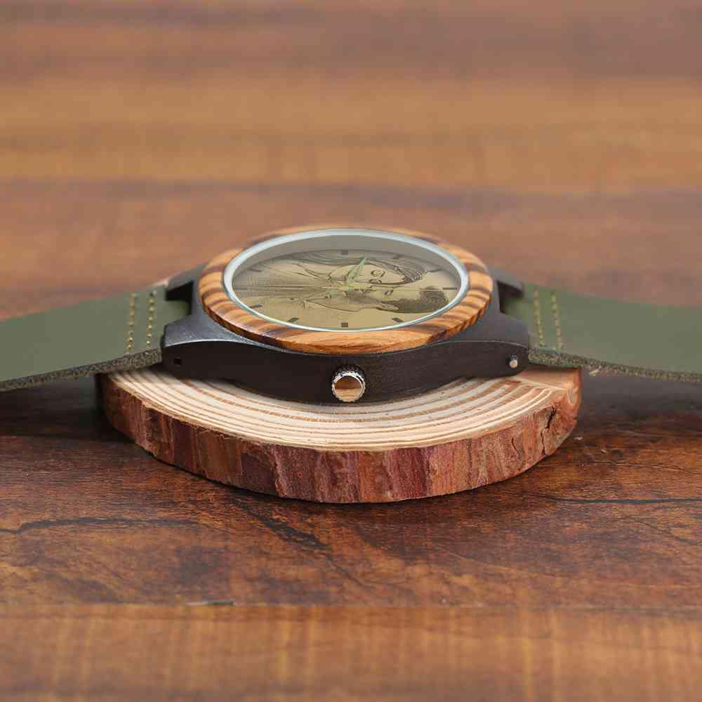 Men's Engraved Wooden Photo Watch Dark Green Leather Strap 45mm