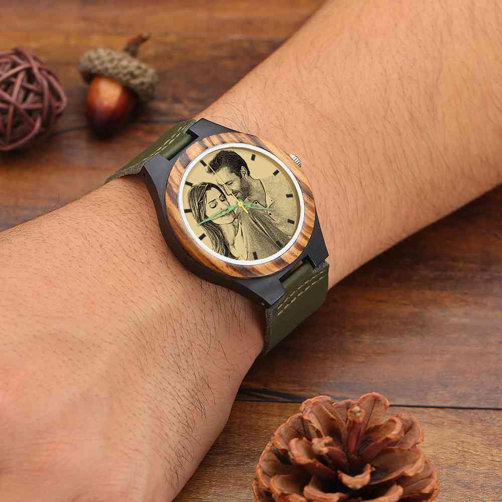 Men's Engraved Wooden Photo Watch Dark Green Leather Strap 45mm