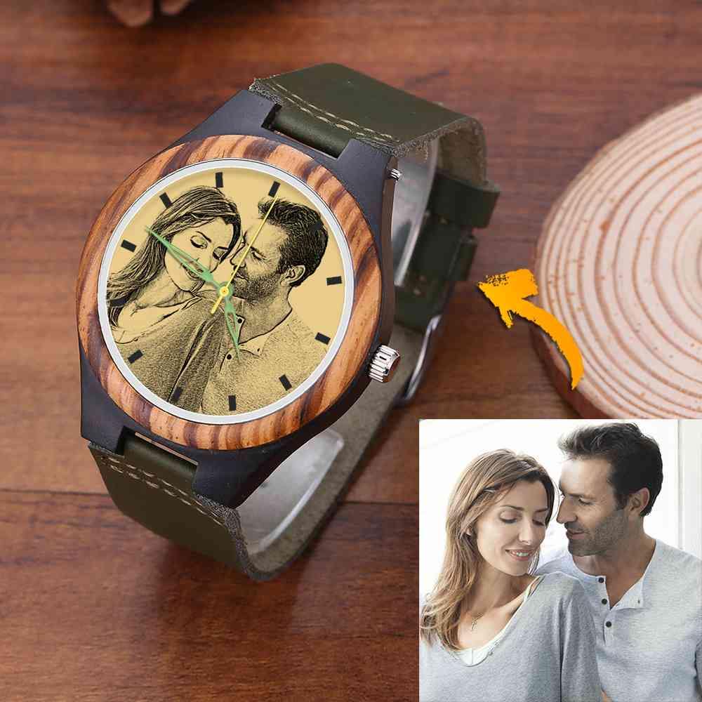 Men's Engraved Wooden Photo Watch Dark Green Leather Strap 45mm