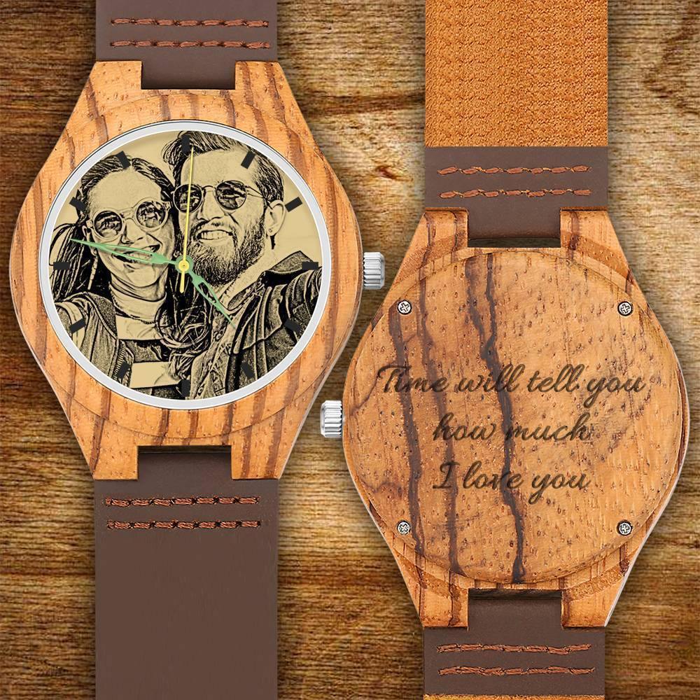 Men's Engraved Wooden Photo Watch Brown Leather Strap 45mm