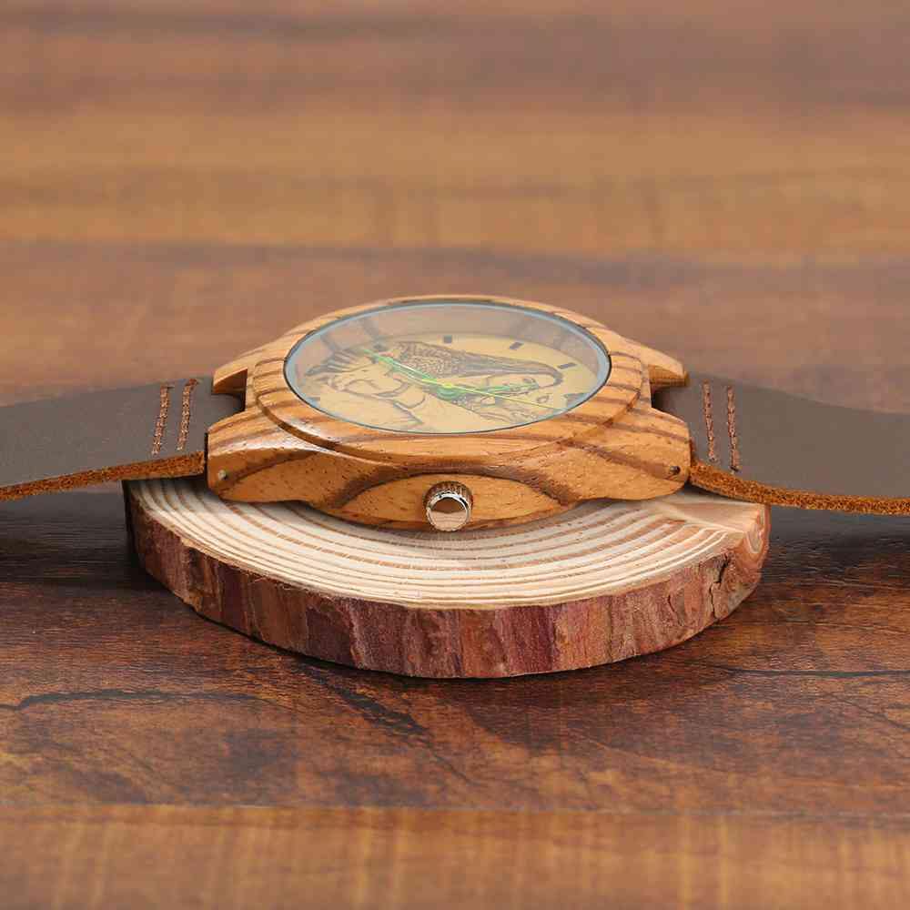 Men's Engraved Wooden Photo Watch Brown Leather Strap 45mm