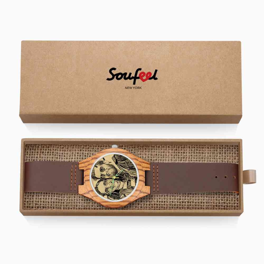 Men's Engraved Wooden Photo Watch Brown Leather Strap 45mm