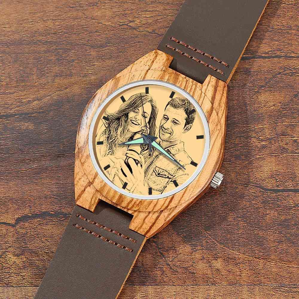 Men's Engraved Wooden Photo Watch Brown Leather Strap 45mm