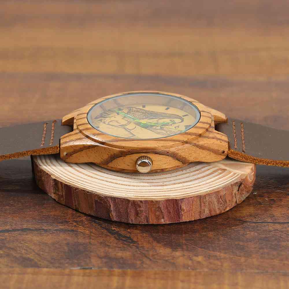 Men's Engraved Wooden Photo Watch Brown Leather Strap 45mm