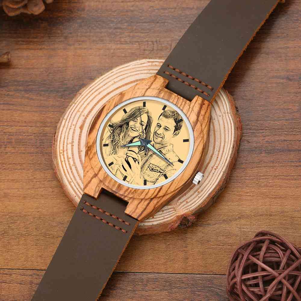 Men's Engraved Wooden Photo Watch Brown Leather Strap 45mm