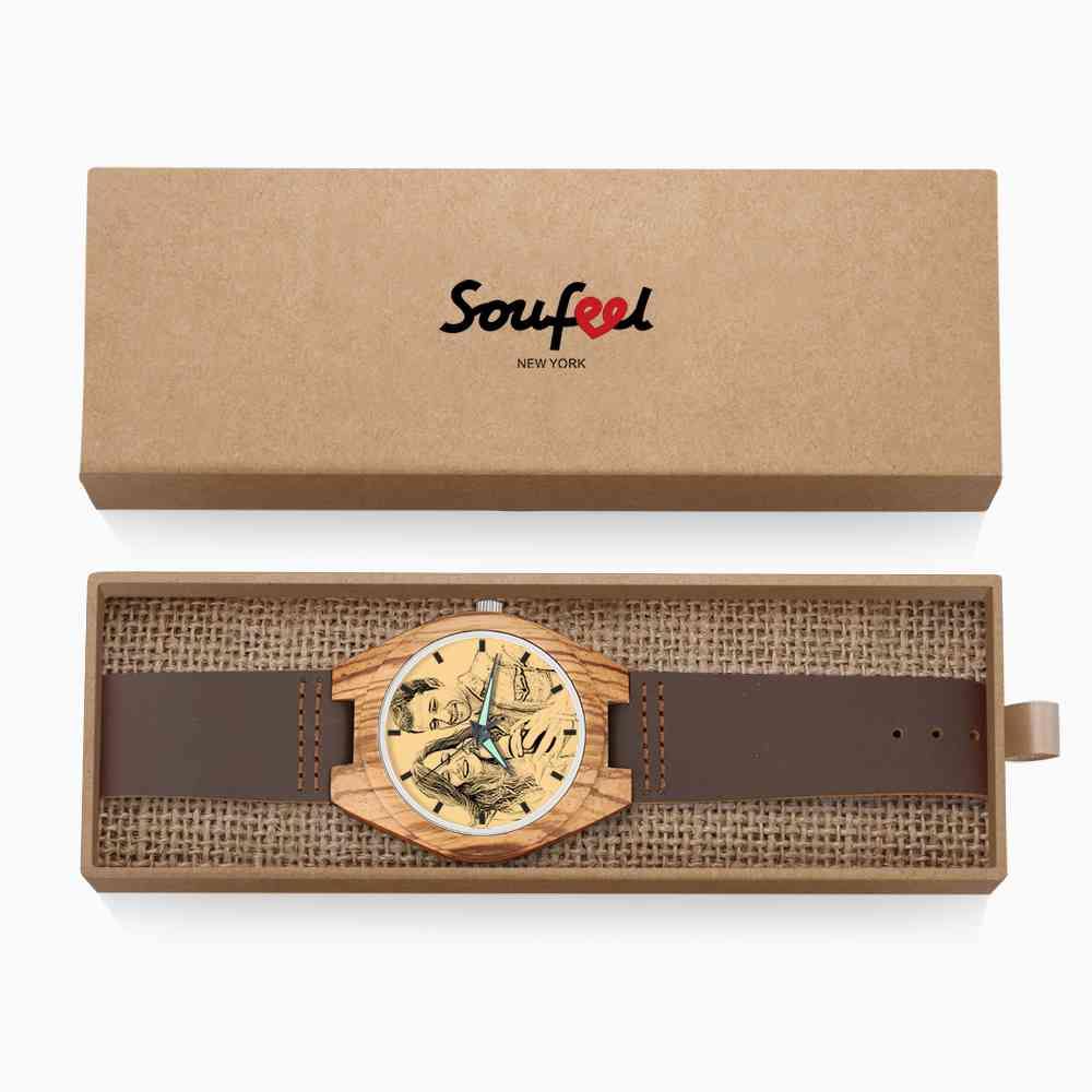 Men's Engraved Wooden Photo Watch Brown Leather Strap 45mm