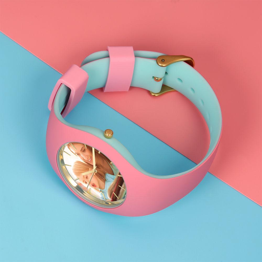 Unisex Silicone Engraved Photo Watch Unisex Engraved Photo Watch  41mm  Pink and Blue Strap