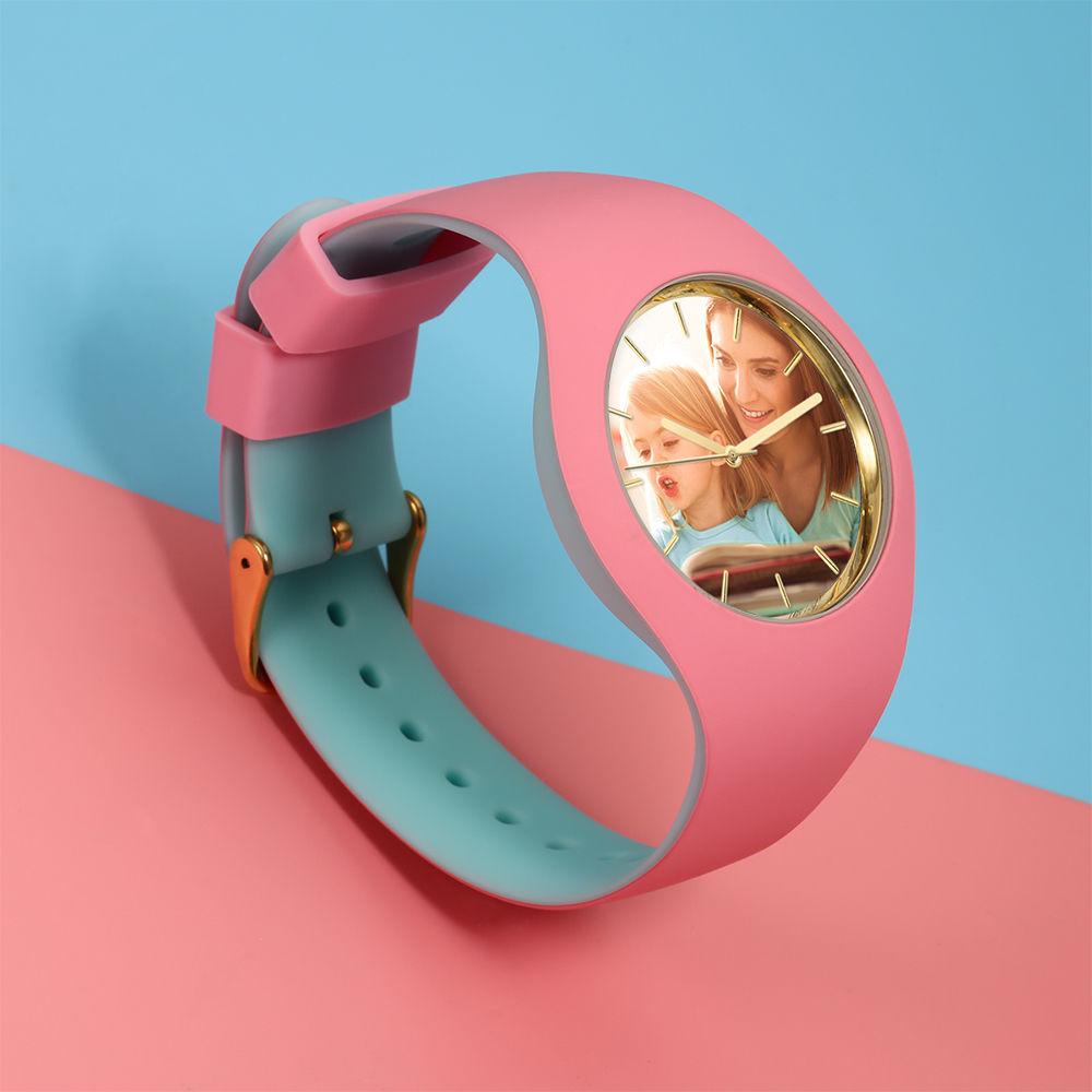 Unisex Silicone Engraved Photo Watch Unisex Engraved Photo Watch  41mm  Pink and Blue Strap