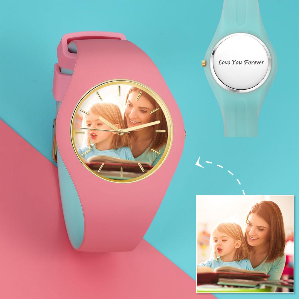 Unisex Silicone Engraved Photo Watch Unisex Engraved Photo Watch  41mm  Pink and Blue Strap